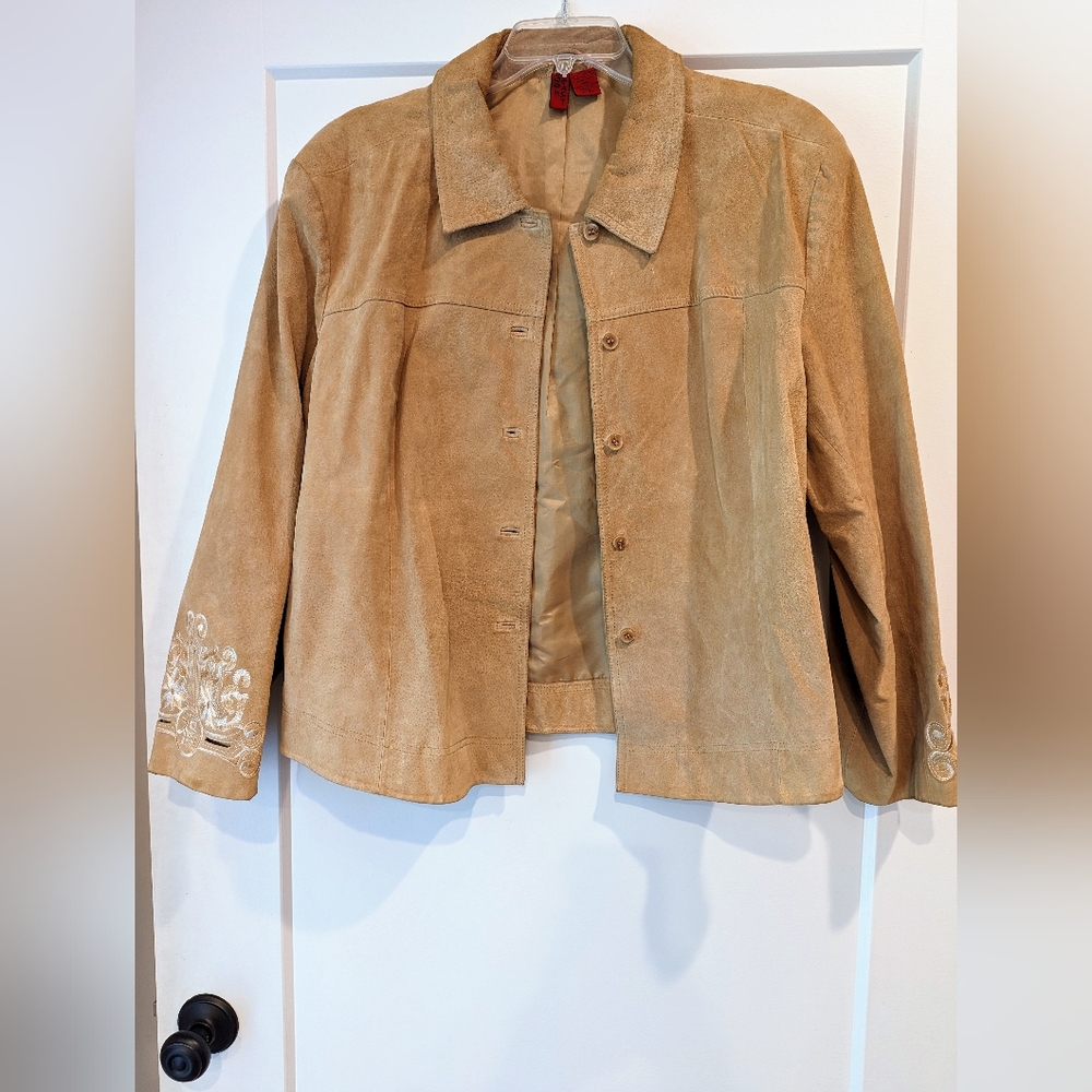Look Last women's 2X Suede jacket Asian Cut Outs 100% Leather Tan Buttons